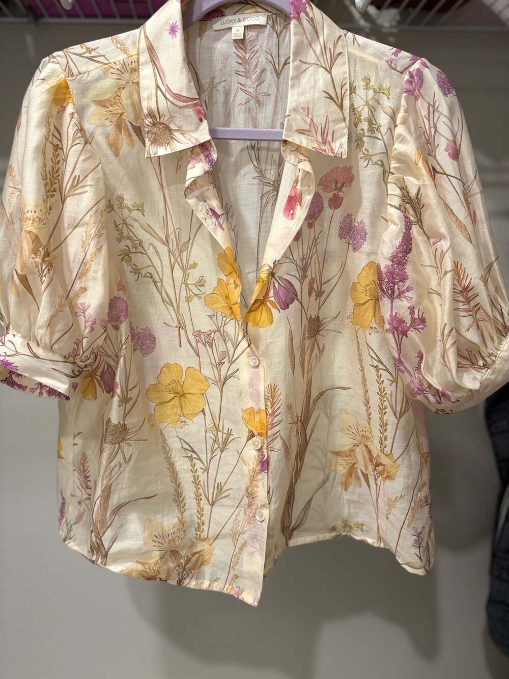 Lucky & Coco Floral Botanical Print Puff Sleeve Button Down Blouse